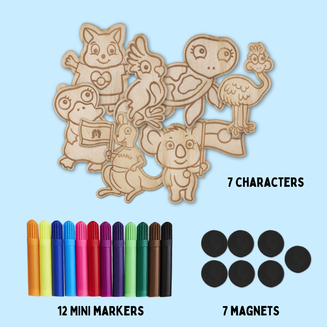 set of wooden haus of ziggy lee haus of dizzy native animal colour in magnets on a light blue background with picture of 12 mini colourful markets and 7 magnets  to attach. words read 7 characters, 12 mini markers, 7 magnets.