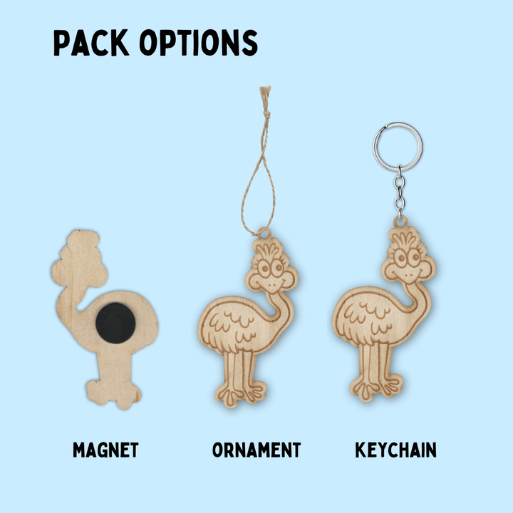 image of haus of dizzy haus of ziggy lee native animal wooden diy colour in pieces showing examples of pack options with magnet twine anc keychain attached to each as an example. text reads pak options, magnet, ornament, keychain