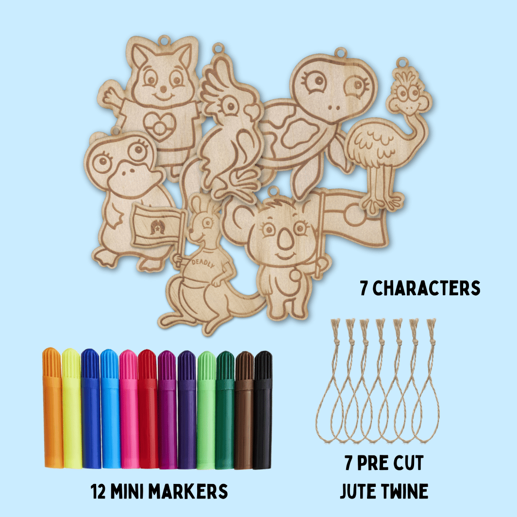 Set of wooden haus of ziggy lee haus of dizzy native animal colour in ornaments on a light blue background with picture of 12 mini colourful markets and 7 pre cut jute twine pieces to attach. words read 7 characters, 12 mini markers, 7 pre cut jute twine.