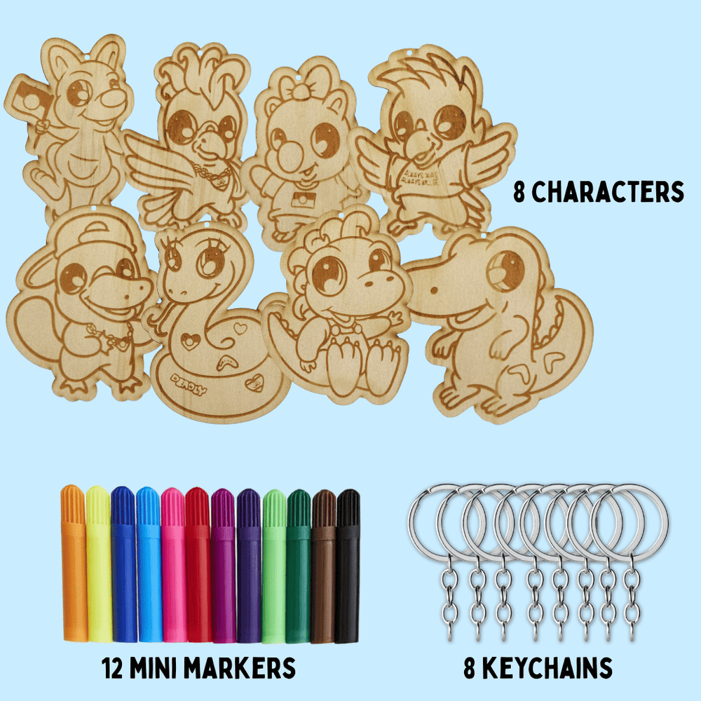 Set of wooden haus of ziggy lee haus of dizzy animal colour in keychains on a light blue background with picture of 12 mini colourful markets and 8 silver keychains to attach. words read 8 characters, 12 mini markers, 8 keychains.