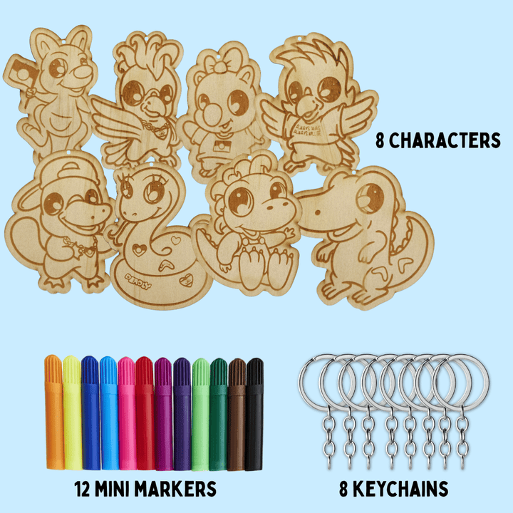 Set of wooden haus of ziggy lee haus of dizzy animal colour in keychains on a light blue background with picture of 12 mini colourful markets and 8 silver keychains to attach. words read 8 characters, 12 mini markers, 8 keychains.