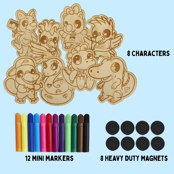 Set of wooden haus of ziggy lee haus of dizzy animal colour in magnets on a light blue background with picture of 12 mini colourful markets and 8 black magnets to attach. words read 8 characters, 12 mini markers, 8 magnets.