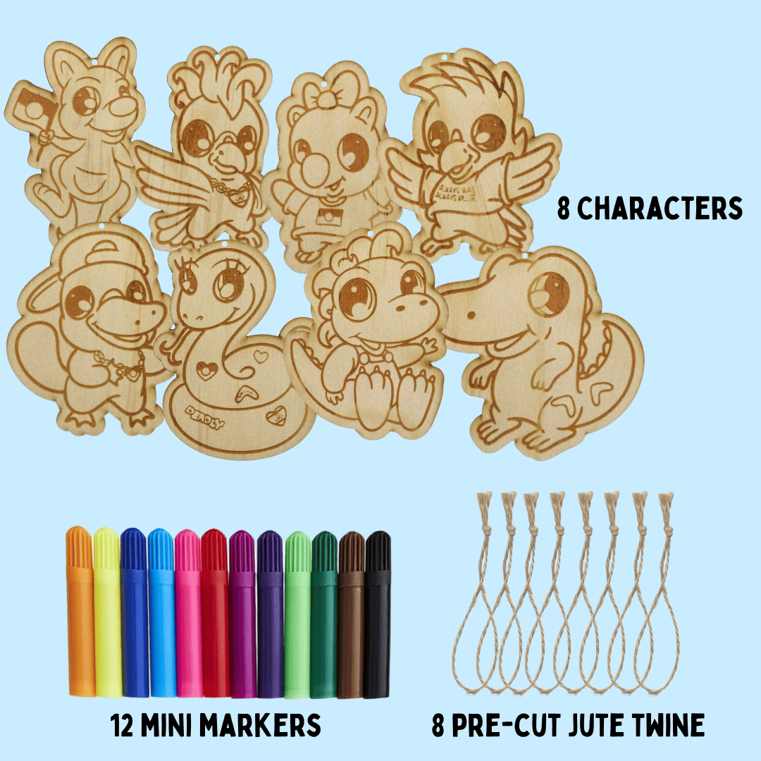 Set of wooden haus of ziggy lee haus of dizzy animal colour in ornaments on a light blue background with picture of 12 mini colourful markets and 8 pre cut jute twine pieces to attach. words read 8 characters, 12 mini markers, 8 pre cut jute twine.