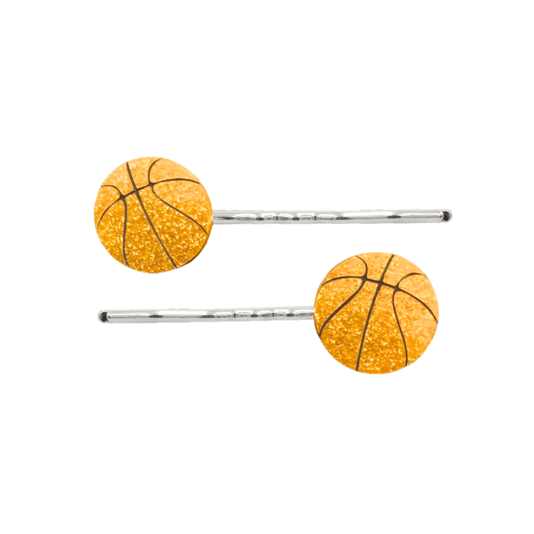  An Image of Haus of Dizzy's Orange Glitter Basketball Hair Pins. Basketballs are on Silver Pins