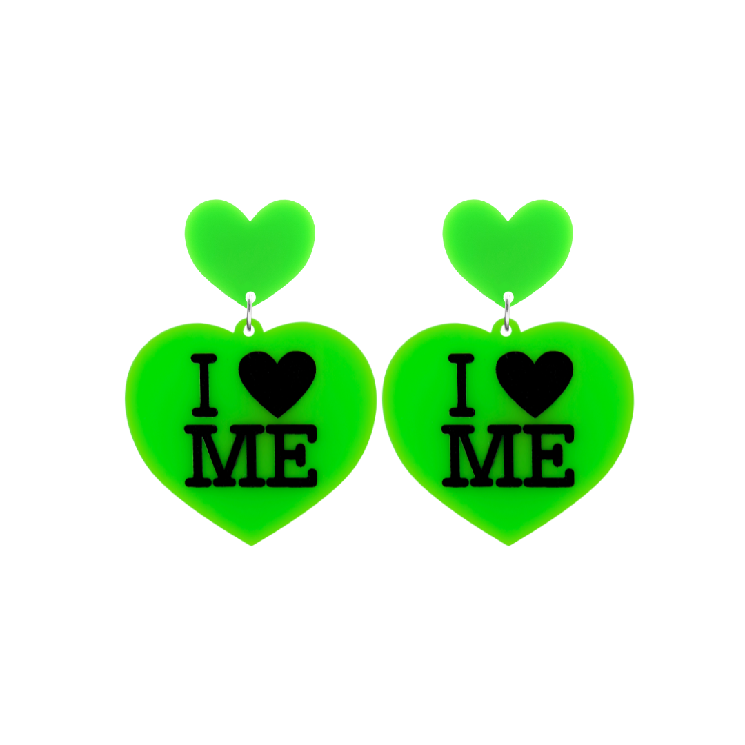 An image of Haus of Dizzy's small I Love Me heart shaped dangle earrings, with I Heart Me text on neon green acrylic and a neon green heart top.