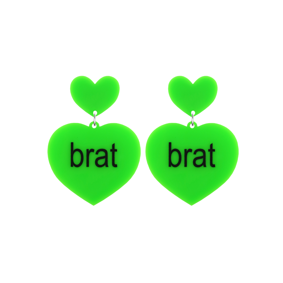 An image of Haus of Dizzy's small brat summer heart shaped dangle earrings, with brat text on neon green acrylic and a neon green heart top.