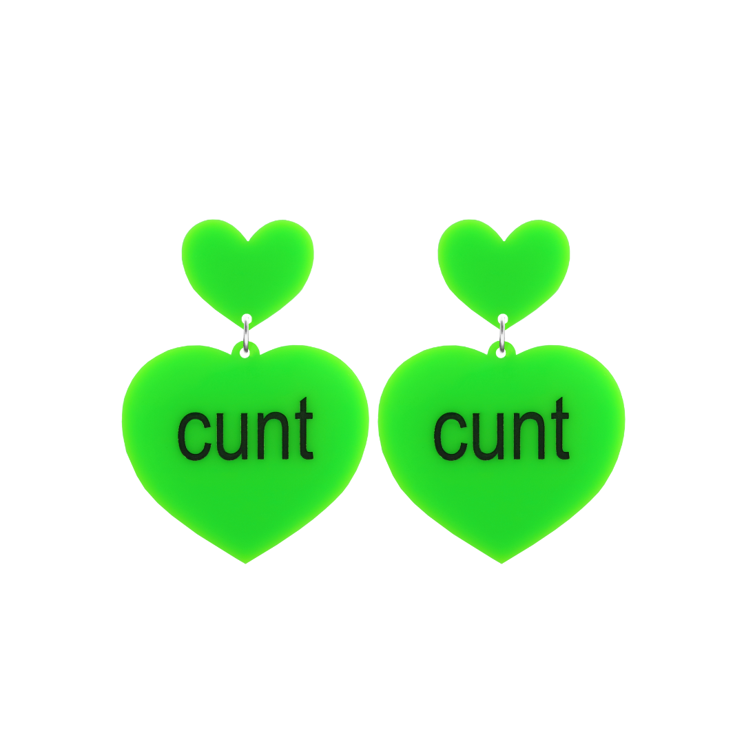 An image of Haus of Dizzy's small brat summer heart shaped dangle earrings, with cunt text on neon green acrylic and a neon green heart top.