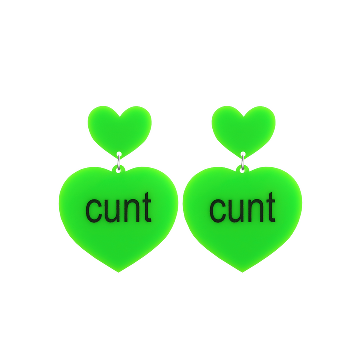 An image of Haus of Dizzy's small brat summer heart shaped dangle earrings, with cunt text on neon green acrylic and a neon green heart top.