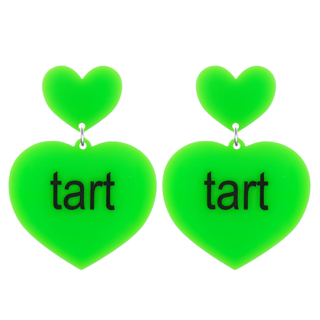 An image of Haus of Dizzy's large brat summer heart shaped dangle earrings, with tart text on neon green acrylic and a neon green heart top.