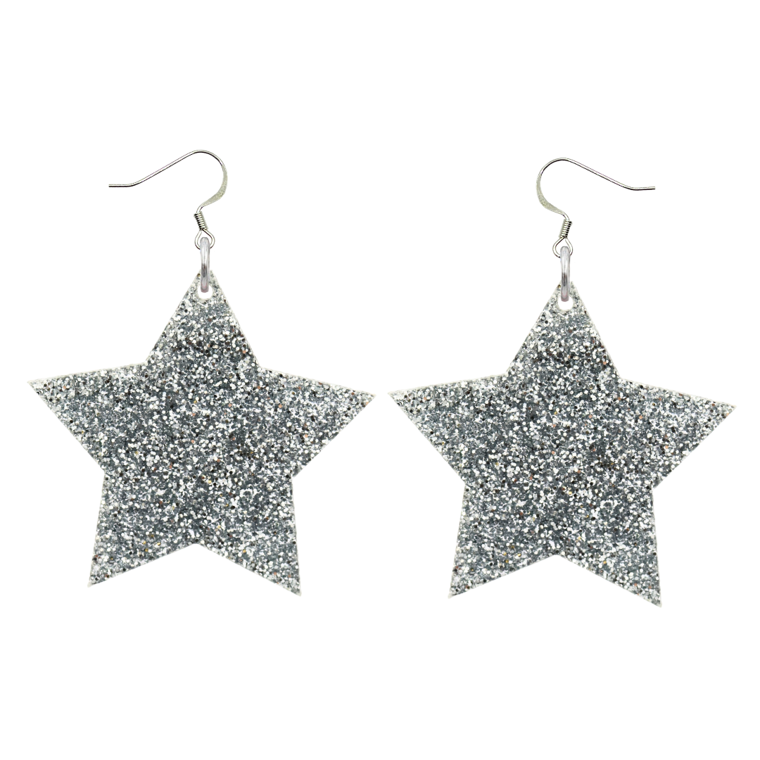 Haus of Dizzy Starry Moon Hook Earrings in Silver Glitter