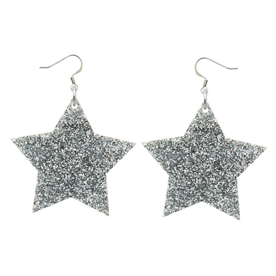Haus of Dizzy Starry Moon Hook Earrings in Silver Glitter