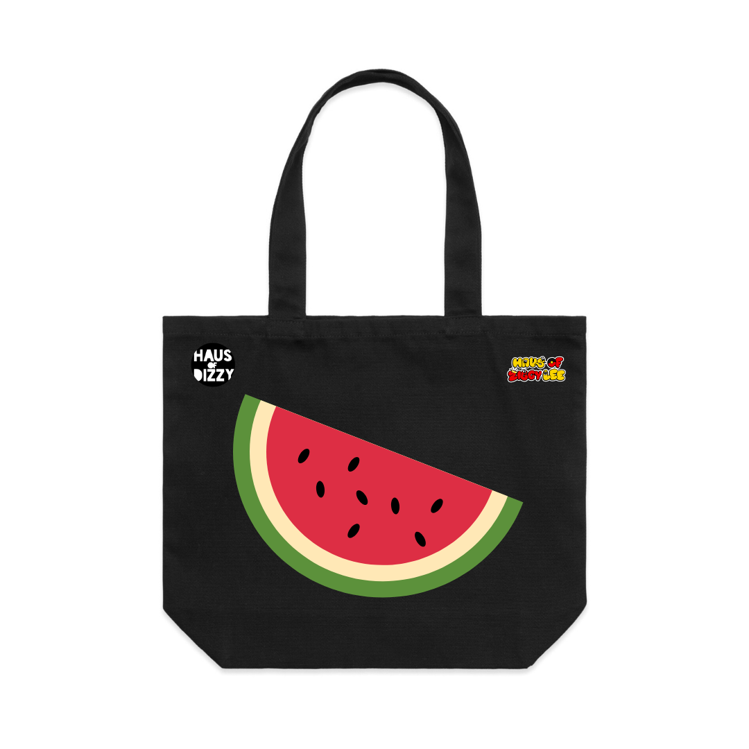 An image of Haus of Dizzy x Haus of Ziggy Lee  'watermelon' black Tote Bag, with a watermelon design in the centre and Haus of Dizzy logo on the top left and Haus of Ziggy Lee logo on top right. 