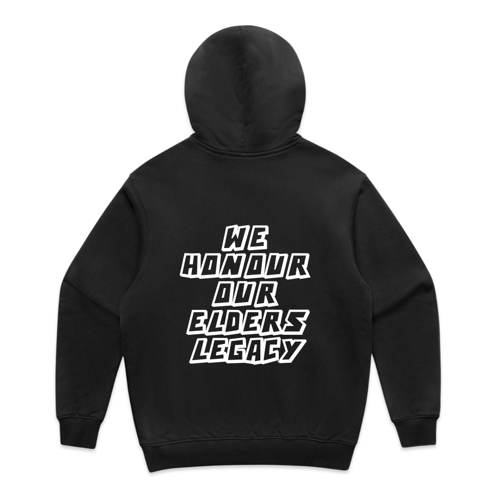 An image of Haus of Dizzy x Haus of Ziggy Lee's 'we are the future’ black hoodie, with white text ‘we honour our elders legacy’ in the centre back. 