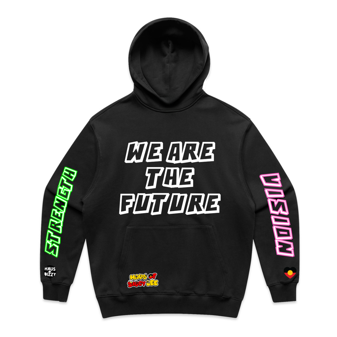 An image of Haus of Dizzy x Haus of Ziggy Lee's 'we are the future’ black long sleeve shirt, with white text ‘we are the future’ in the centre front and ‘strength’ in green and white text with Haus of Dizzy logo on the left sleeve and ‘vision’ in pink and white text with Aboriginal heart flag on the right sleeve. 