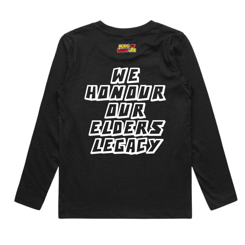 An image of Haus of Dizzy x Haus of Ziggy Lee's 'we are the future’ black long sleeve shirt, with white text ‘we honour our elders legacy’ in the centre back and Haus of Ziggy Lee logo on top. 