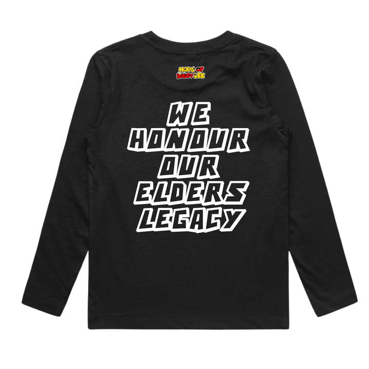 An image of Haus of Dizzy x Haus of Ziggy Lee's 'we are the future’ black long sleeve shirt, with white text ‘we honour our elders legacy’ in the centre back and Haus of Ziggy Lee logo on top. 