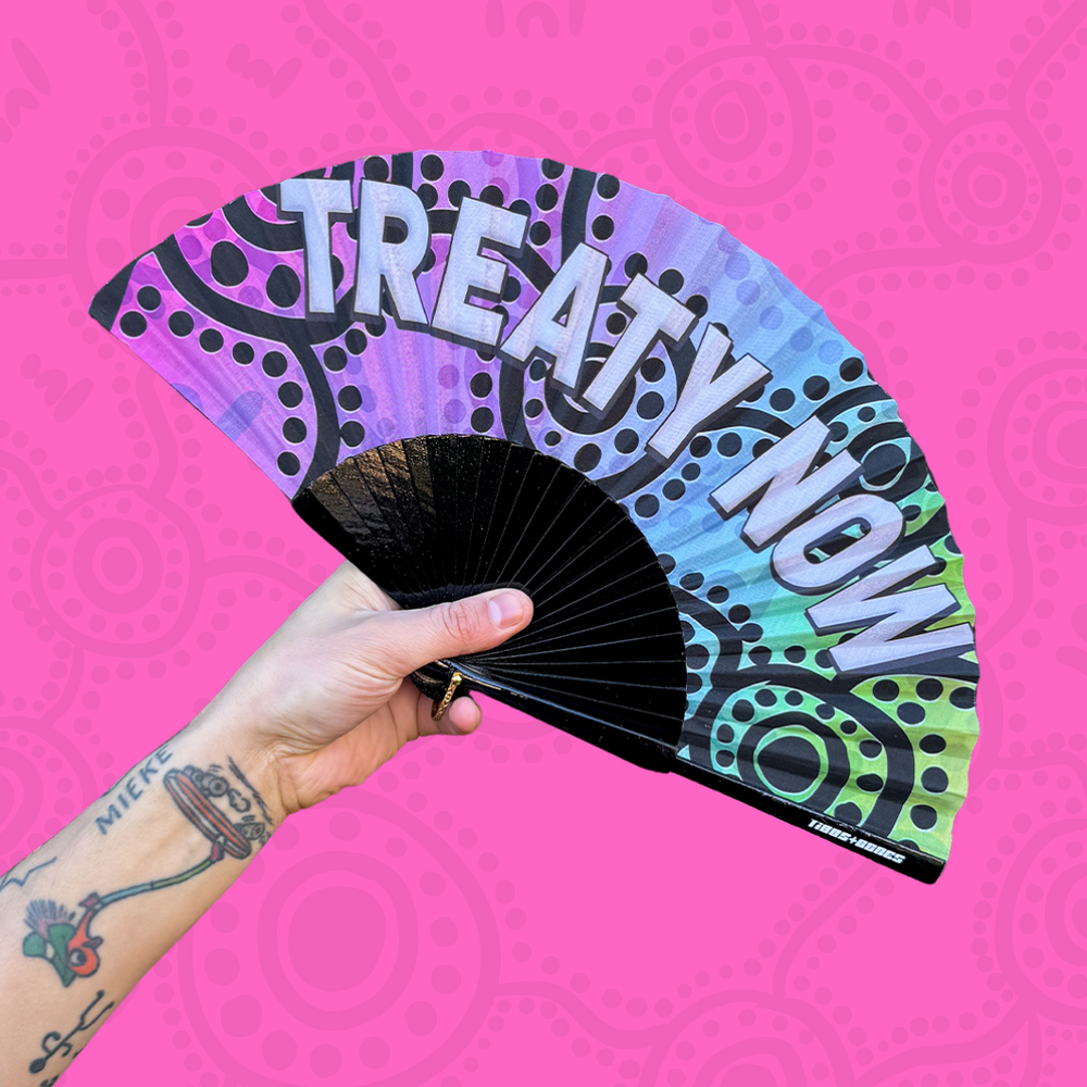 Exclusive Pink, Purple , Blue &amp; Green gradient 'Treaty Now' design in Small Snaps closed into compact fan size