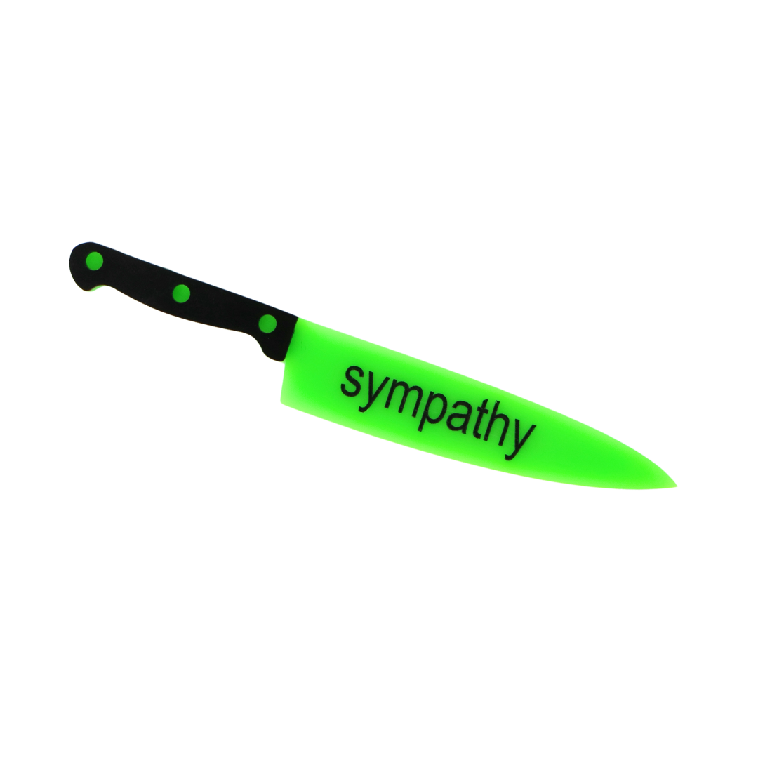 An image of Haus of Dizzy's sympathy knife, knife shaped pin, with sympathy text on neon green acrylic with black handle.