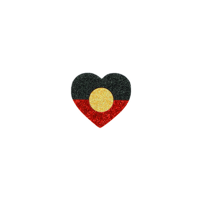 An image of Haus of Dizzy's small Indigenous pride glitter acrylic heart pin with Aboriginal flag.