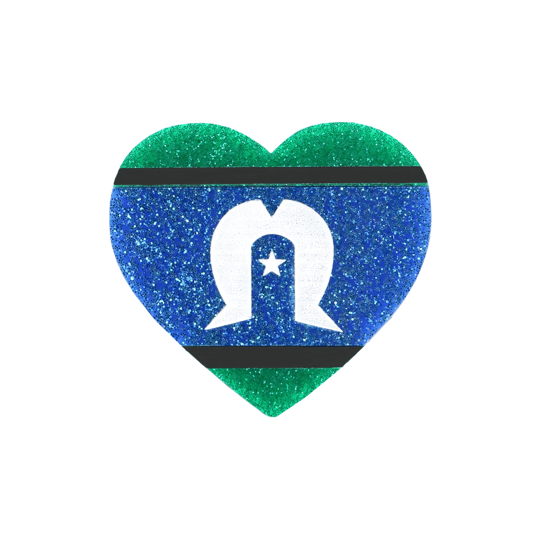 An image of Haus of Dizzy's large, hand-painted Indigenous pride glitter acrylic heart pin with Torres Strait Islander flag.