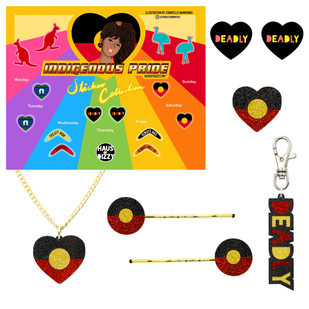 An Image of Haus of Dizzy's Deadly gift pack. Photo includes Aboriginal Flag Necklace, hair pins, badge. Also includes Deadly text keychain and a pair of studs and a sticker collection with flags, boomerangs, kangaroos, and emus.