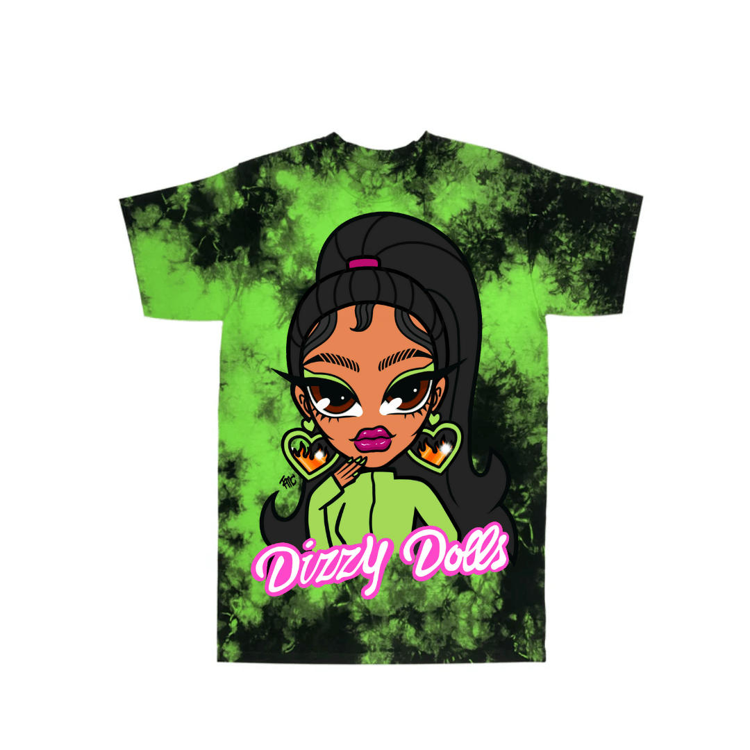 HAUS OF DIZZY Dizzy Doll Tee green and black tie dye shirt. On the shirt is a cartoon drawing of Jassy with sparkly Haus of Dizzy jewellery on, and it is drawn by @tmc.exe on Instagram. under the cartoon character is the text "Dizzy Dolls".