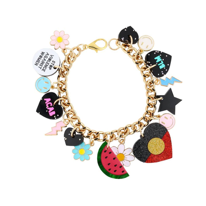 An image of Haus of Dizzy's Protest Charm Bracelet, with various protest themed acrylic and enamel charms on a gold chain. 