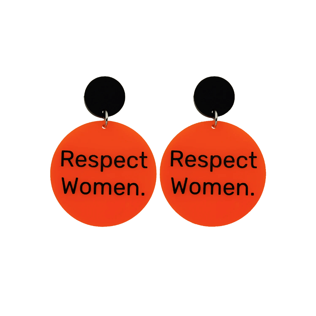 A picture of small size (5cm) orange acrylic dangle earrings that say "Respect Women" in black text with a black circle stud top. 