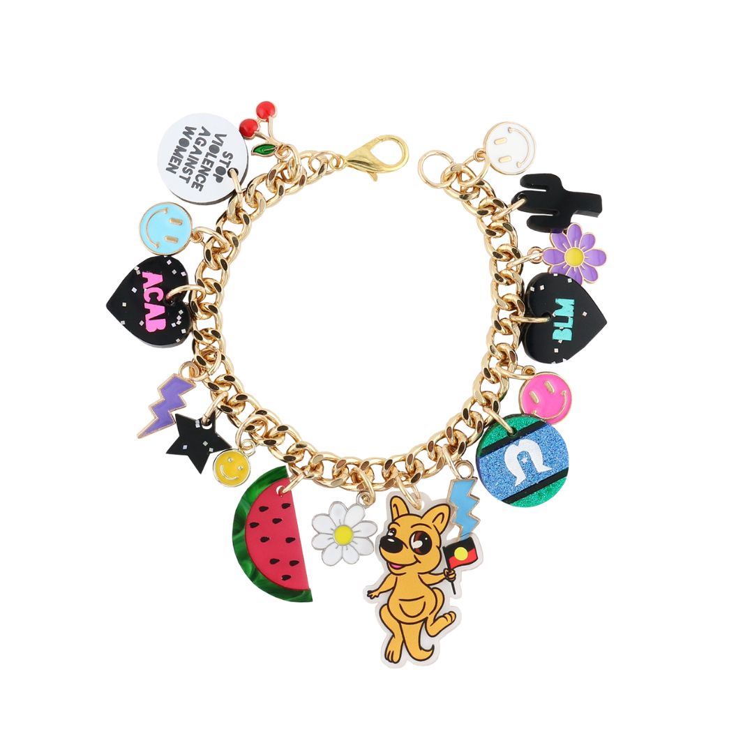 An image of Haus of Dizzy's Social Justice Charm Bracelet, which features various representative Social Justice themed acrylic and enamel charms on a gold chain. 