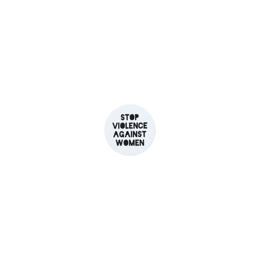 haus of dizzy stop violence against women lanyard pin white circle with bold black font 2cm one size