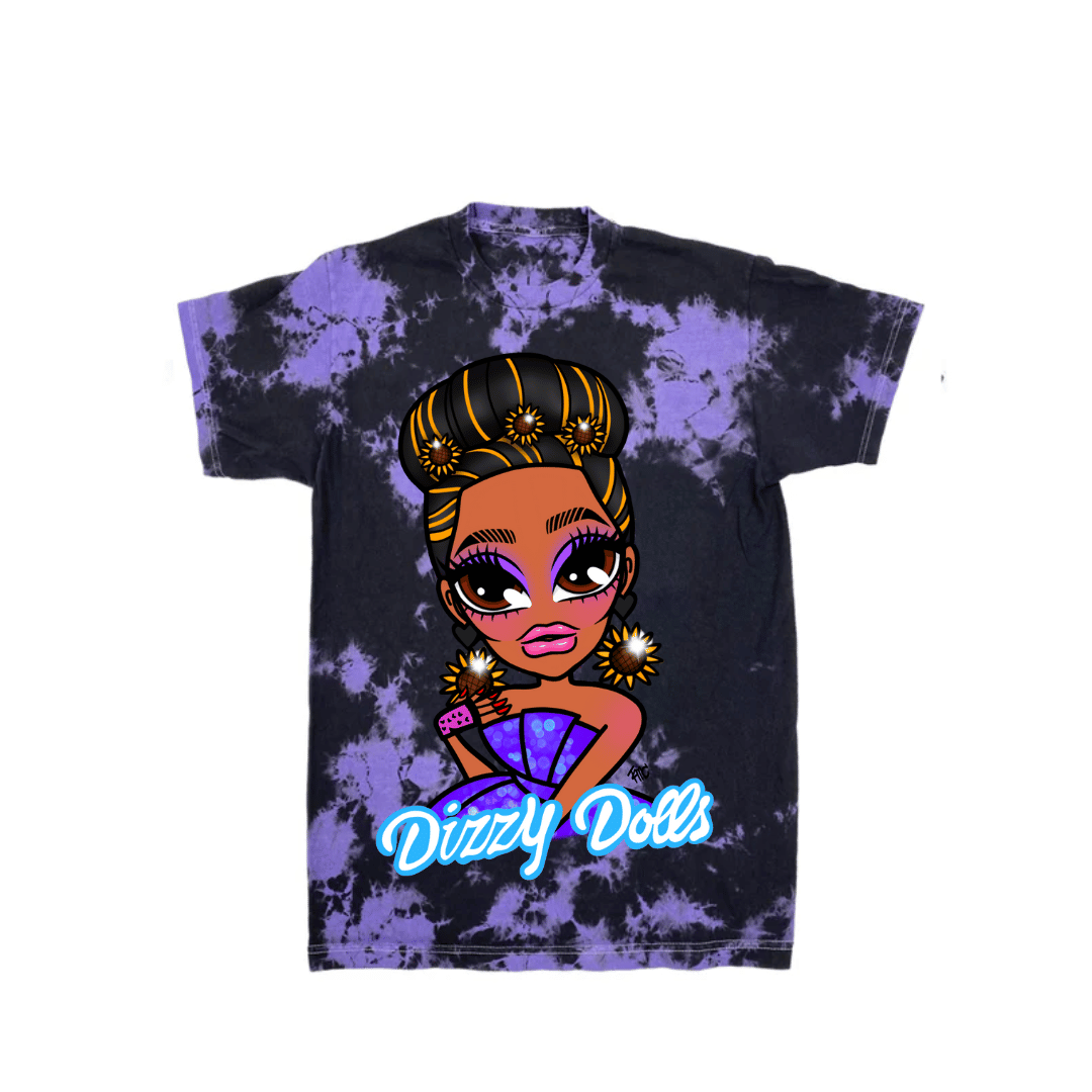 HAUS OF DIZZY Dizzy Doll Tee purple and black tie dye shirt. On the shirt is a cartoon drawing of Sky with sparkly Haus of Dizzy jewellery on, and it is drawn by @tmc.exe on Instagram. under the cartoon character is the text "Dizzy Dolls".