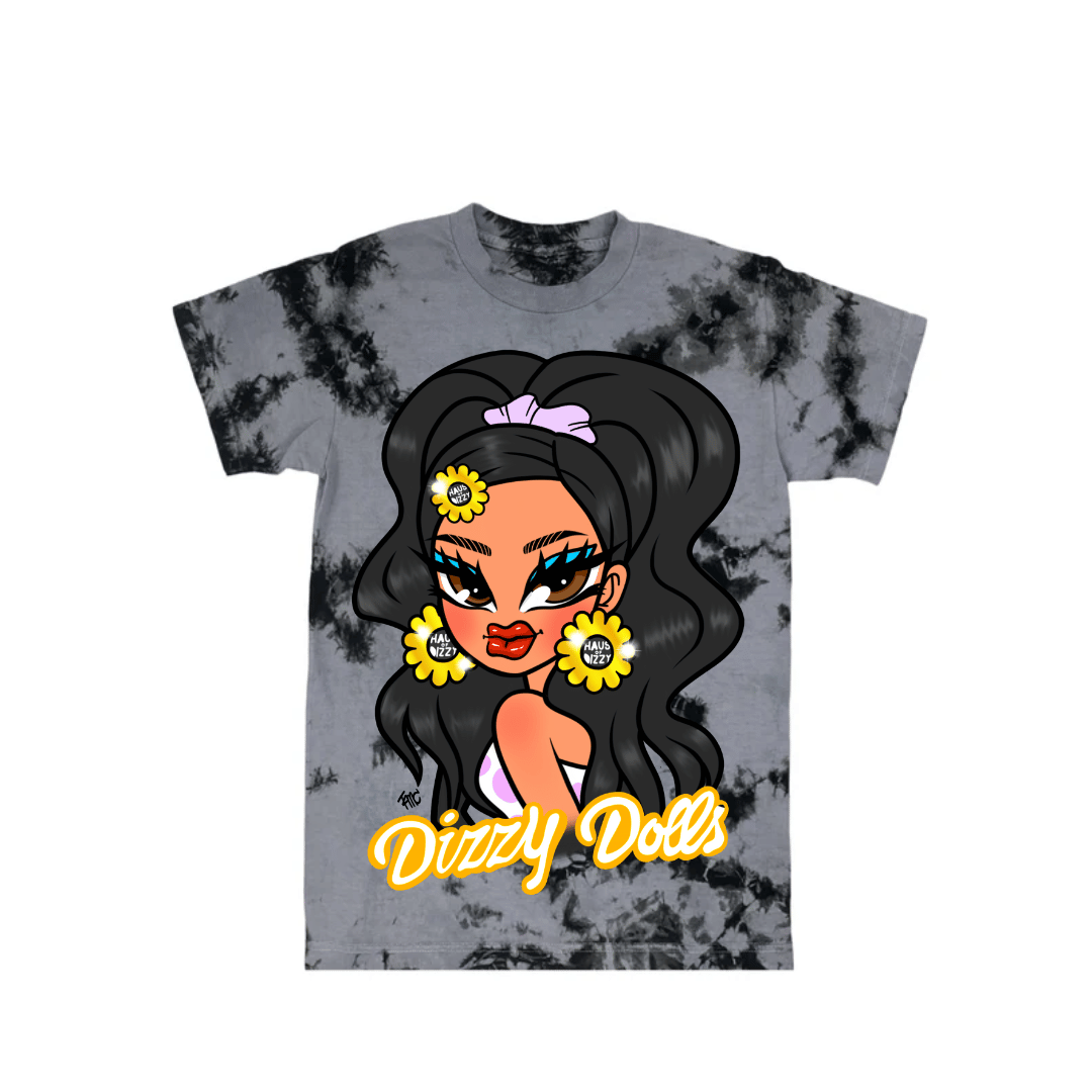 HAUS OF DIZZY Dizzy Doll Tee grey and black tie dye shirt. On the shirt is a cartoon drawing of Wendy with sparkly Haus of Dizzy jewellery on, and it is drawn by @tmc.exe on Instagram. under the cartoon character is the text "Dizzy Dolls".