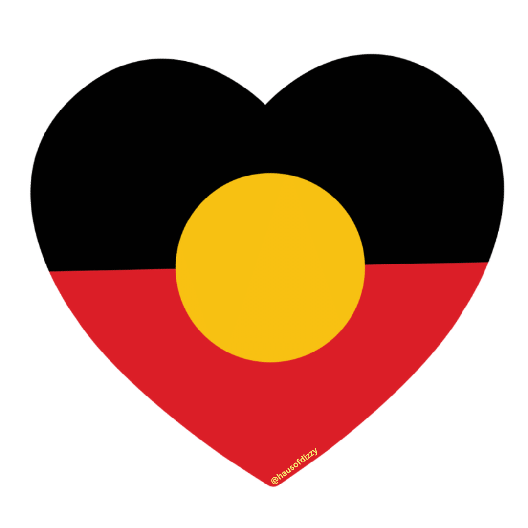 haus of dizzy heart shaped aboriginal flag sticker large