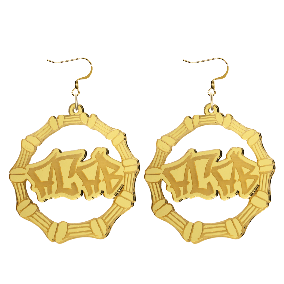 haus of dizzy acrylic gold mirror bamboo hoops with graffiti text that reads ACAB with hooks no circle stud tops size large