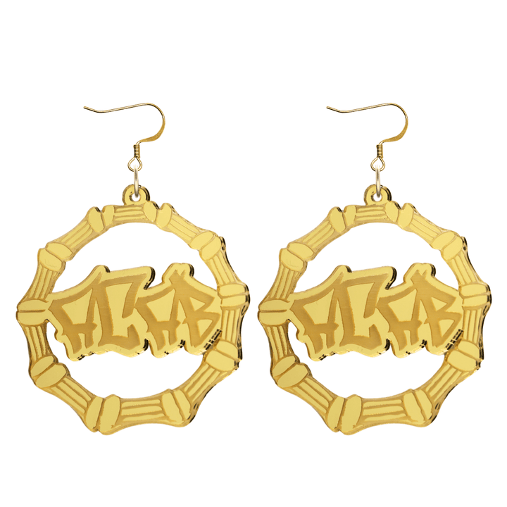 haus of dizzy acrylic gold mirror bamboo hoops with graffiti text that reads ACAB with hooks no circle stud tops size large
