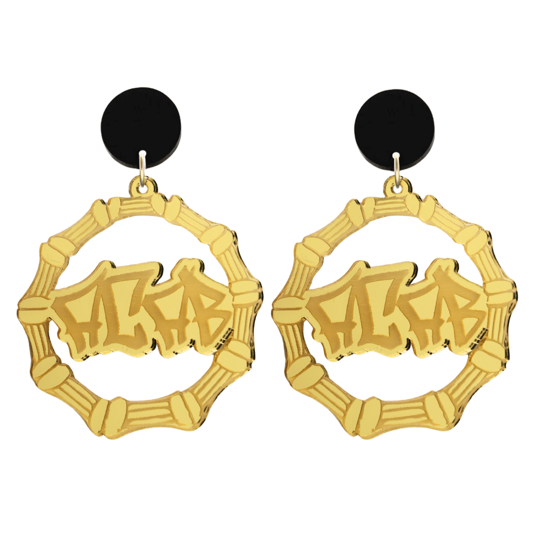 haus of dizzy acrylic gold mirror bamboo hoops with graffiti text that reads ACAB with black circle stud tops size large