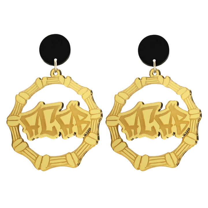 haus of dizzy acrylic gold mirror bamboo hoops with graffiti text that reads ACAB with black circle stud tops size large