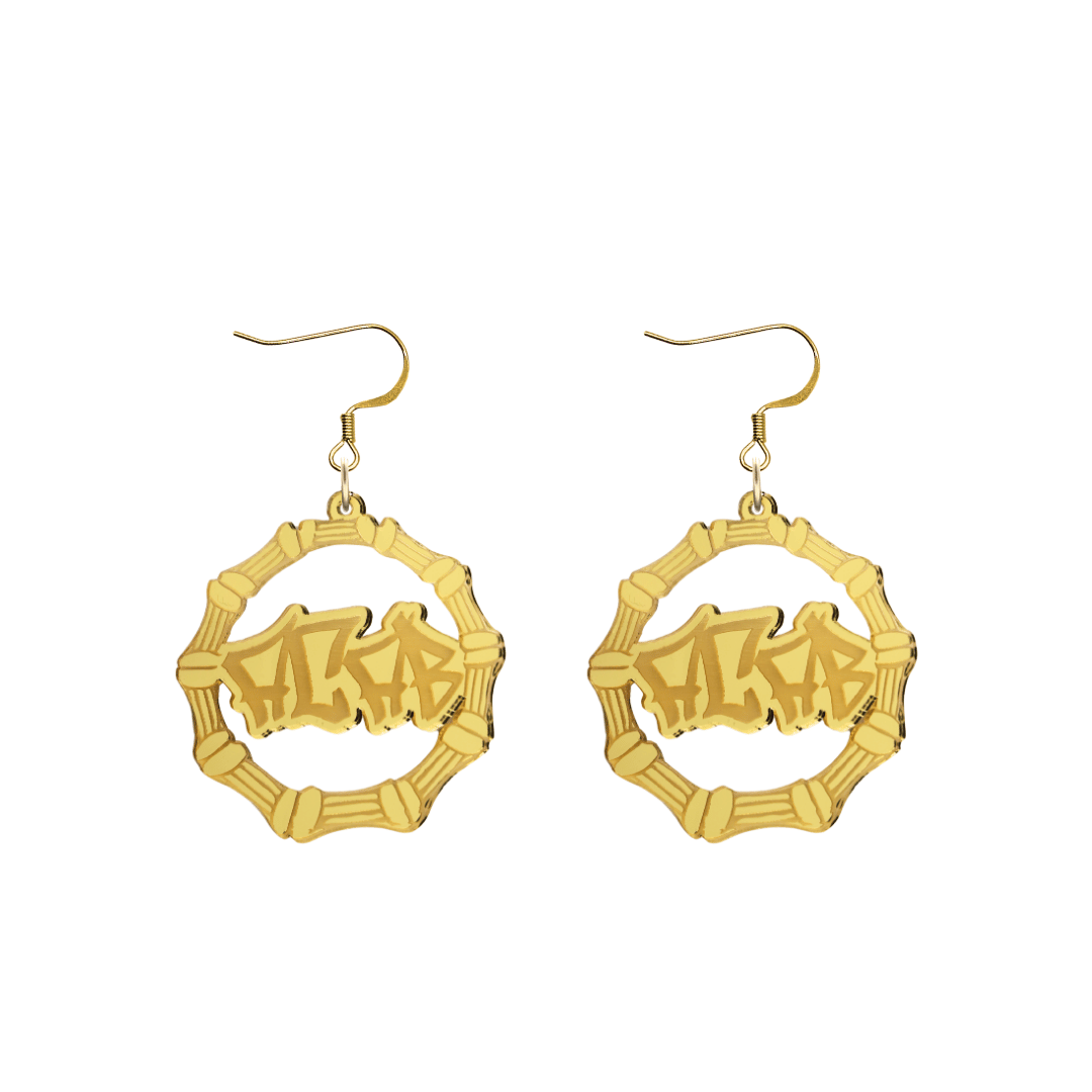 haus of dizzy acrylic gold mirror bamboo hoops with graffiti text that reads ACAB with hooks no circle stud tops size small