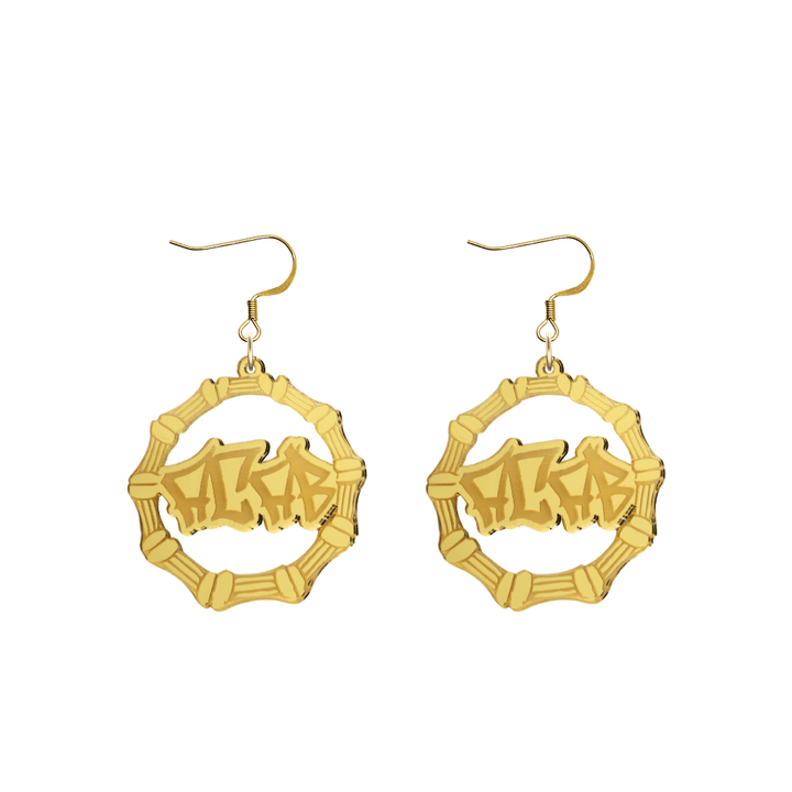 haus of dizzy acrylic gold mirror bamboo hoops with graffiti text that reads ACAB with hooks no circle stud tops size small