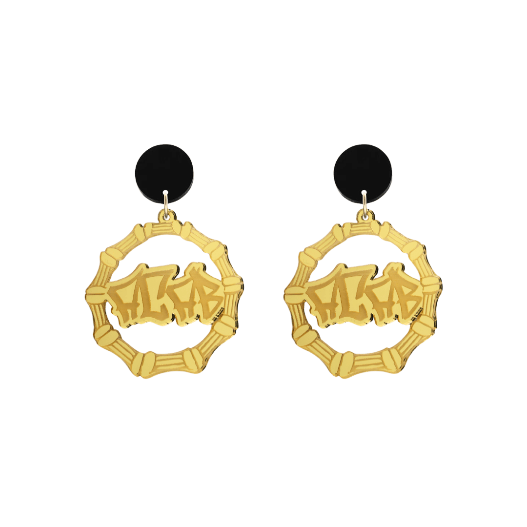 haus of dizzy acrylic gold mirror bamboo hoops with graffiti text that reads ACAB with black circle stud tops size small