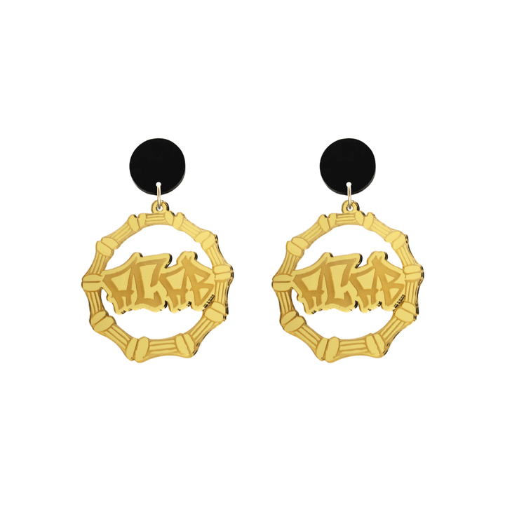 haus of dizzy acrylic gold mirror bamboo hoops with graffiti text that reads ACAB with black circle stud tops size small