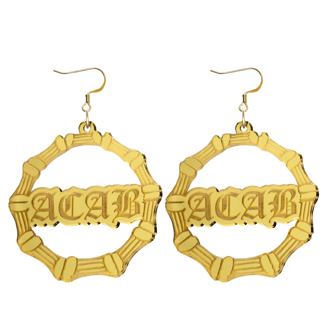 haus of dizzy acrylic gold mirror bamboo hoops with old english text that reads ACAB with hooks no circle stud tops size large