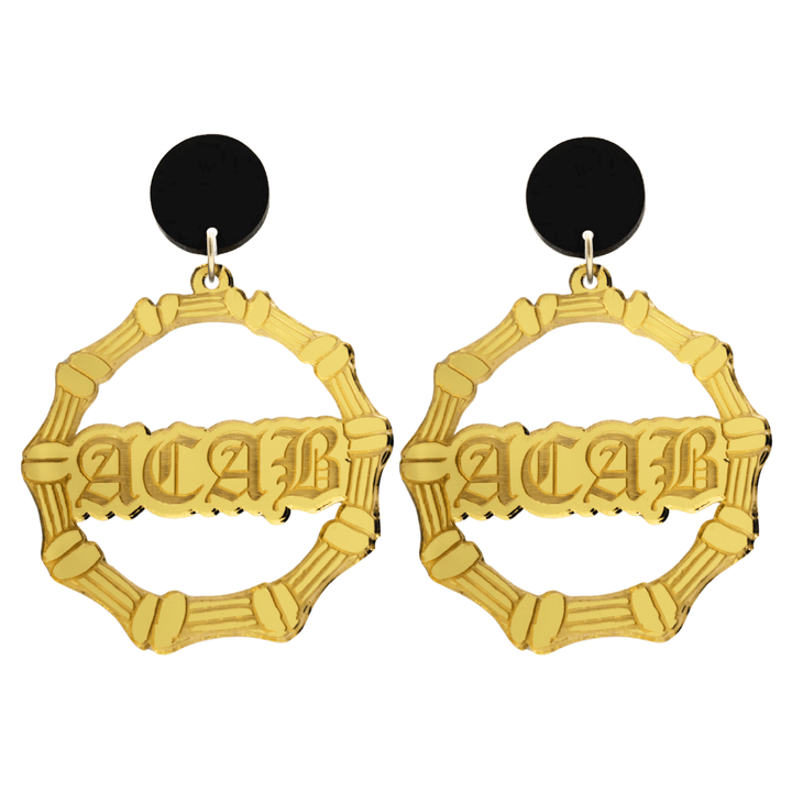 haus of dizzy acrylic gold mirror bamboo hoops with old english text that reads ACAB with black circle stud tops size large