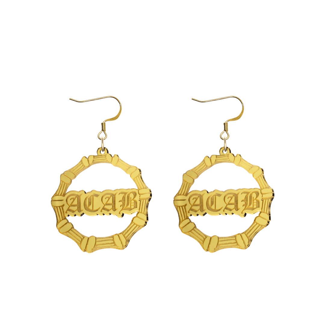 haus of dizzy acrylic gold mirror bamboo hoops with old english text that reads ACAB with hooks no circle stud tops size small