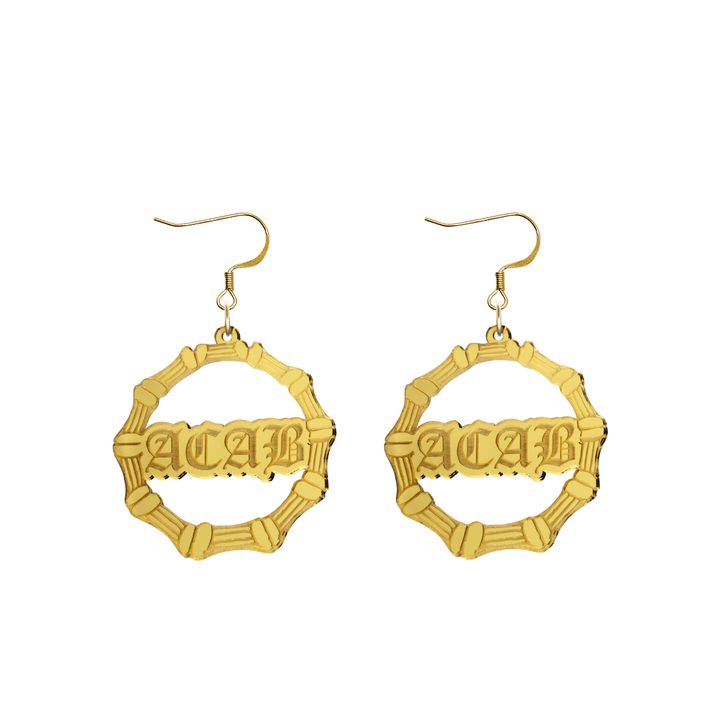 haus of dizzy acrylic gold mirror bamboo hoops with old english text that reads ACAB with hooks no circle stud tops size small
