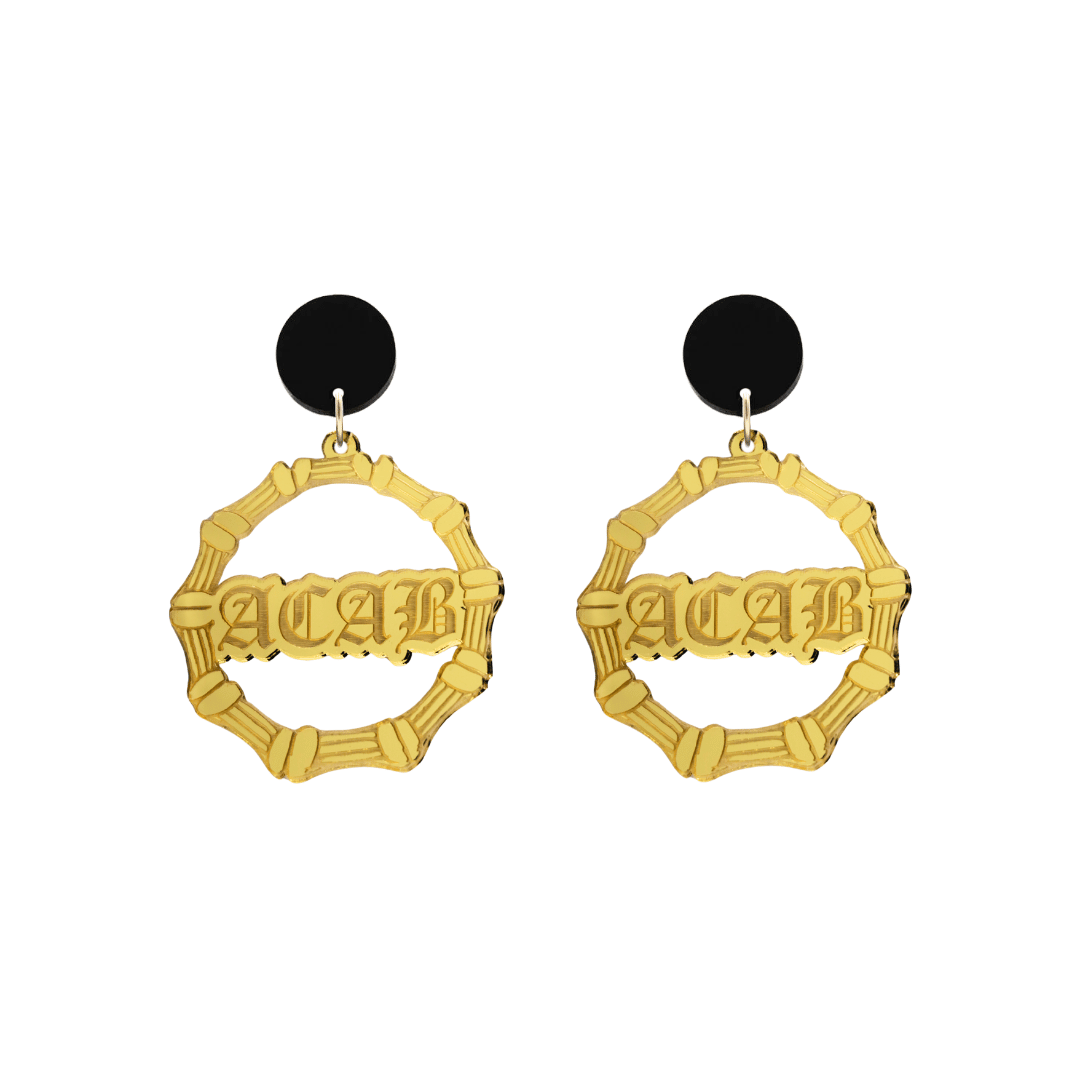haus of dizzy acrylic gold mirror bamboo hoops with old english text that reads ACAB with black circle stud tops size small