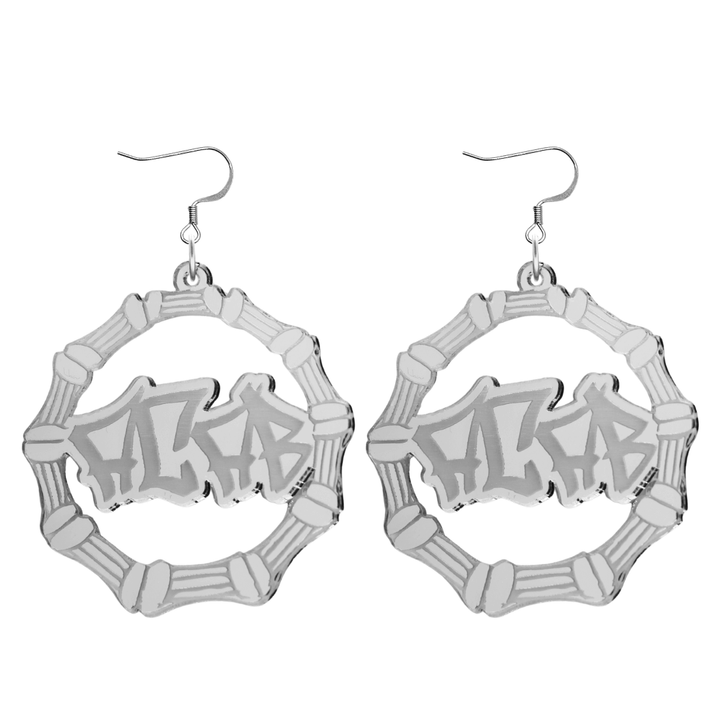 haus of dizzy acrylic silver mirror bamboo hoops with graffiti text that reads ACAB with hooks no circle stud tops size large