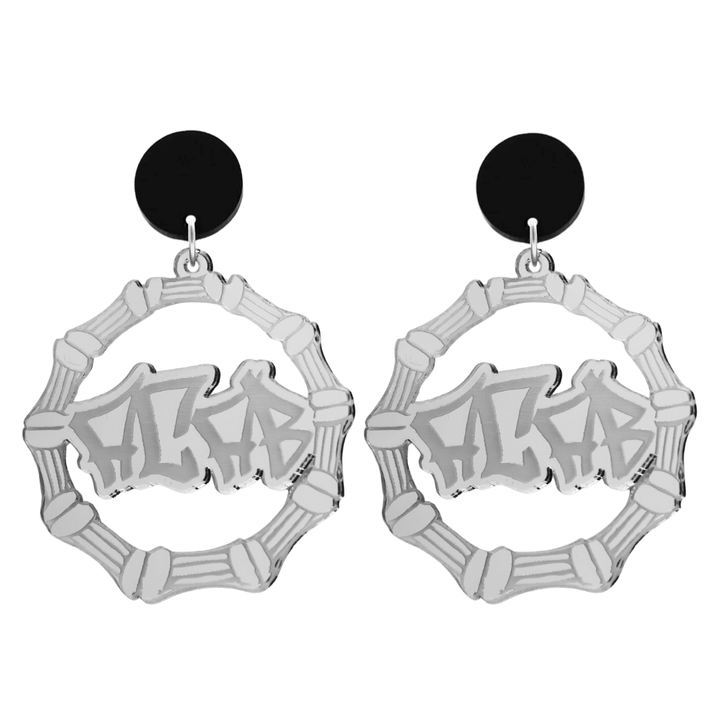 haus of dizzy acrylic silver mirror bamboo hoops with graffiti text that reads ACAB with black circle stud tops size large