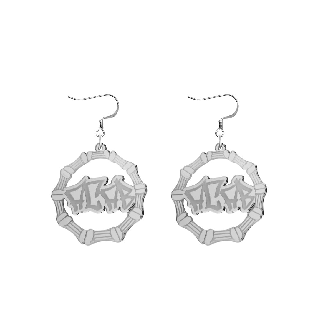 haus of dizzy acrylic silver mirror bamboo hoops with graffiti text that reads ACAB with hooks no circle stud tops size small
