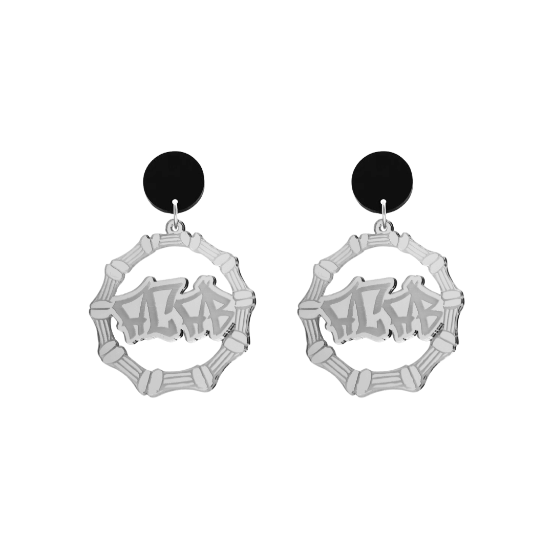haus of dizzy acrylic silver mirror bamboo hoops with graffiti text that reads ACAB with black circle stud tops size small